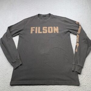 Filson Shirt Mens Small Brown Long Sleeve Logo Spell Out Sleeve Hit Hunting 1897